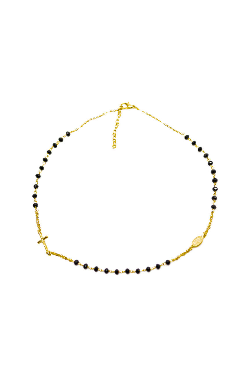 Halskette mit schwarzen Kristallkugeln goldfarben