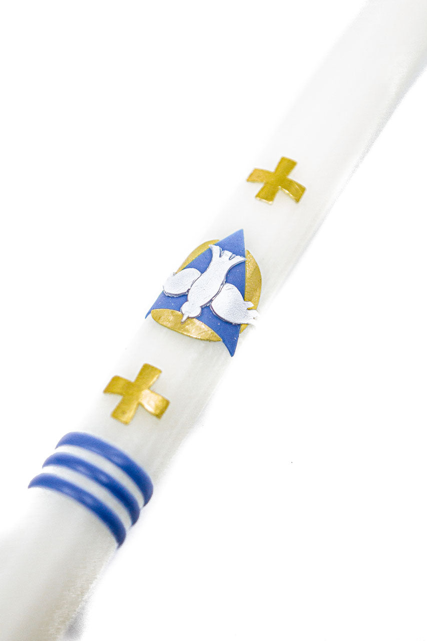 Taufkerze Kreuz & Taube blau